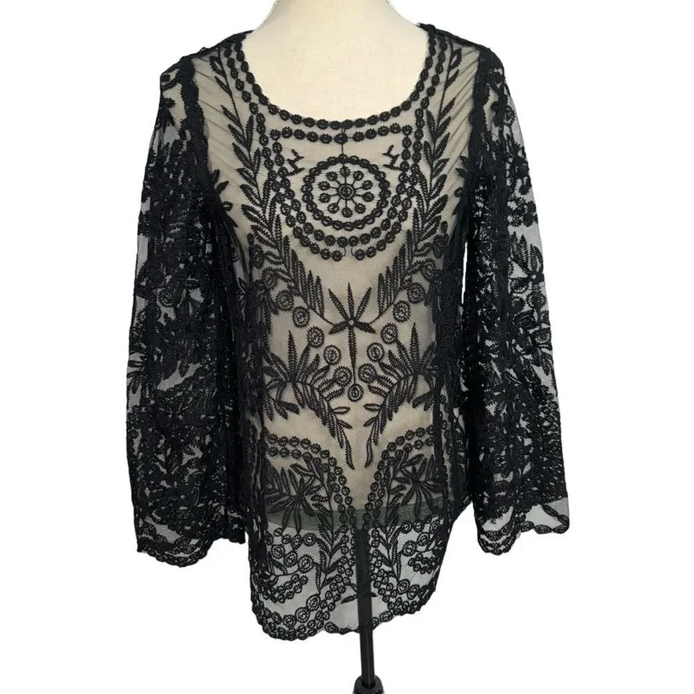 Simaier Solid Black Long Sleeve Sheer Round Neck Lace Floral Swim Coverup size M